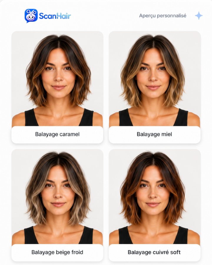 Aperçu balayages — Caramel, Miel, Beige froid, Cuivré soft