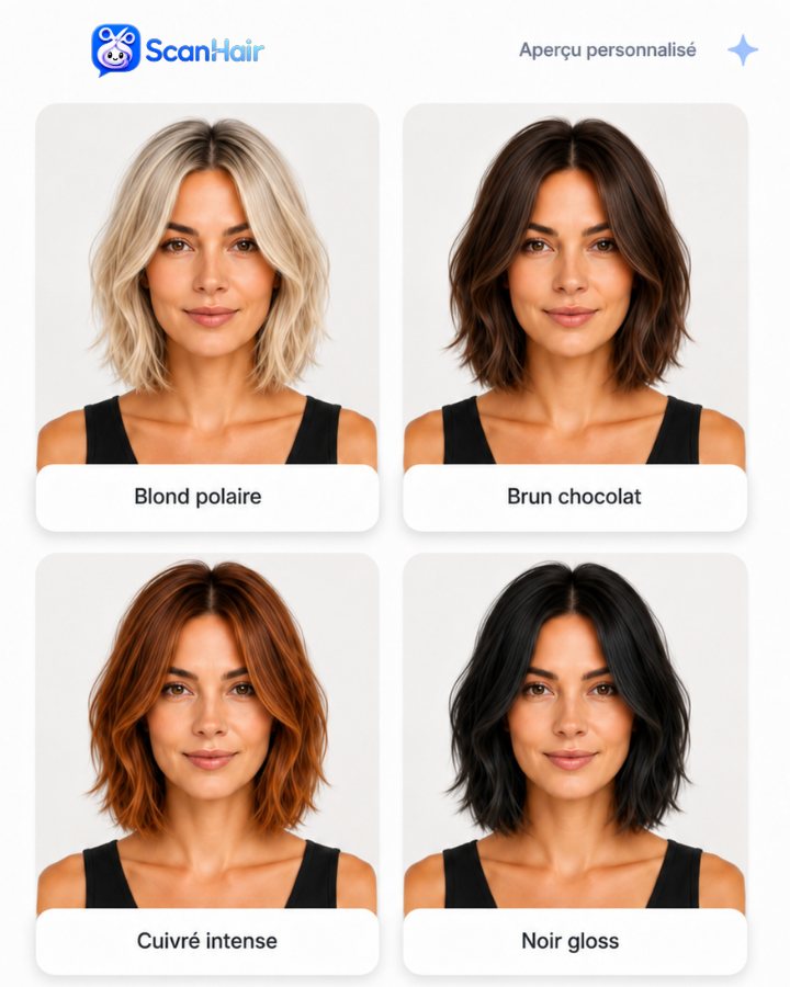 Aperçu couleurs — Blond polaire, Brun chocolat, Cuivré intense, Noir gloss