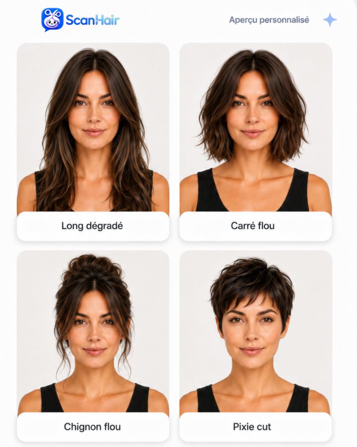 Aperçu coupes — Long dégradé, Carré flou, Chignon flou, Pixie cut