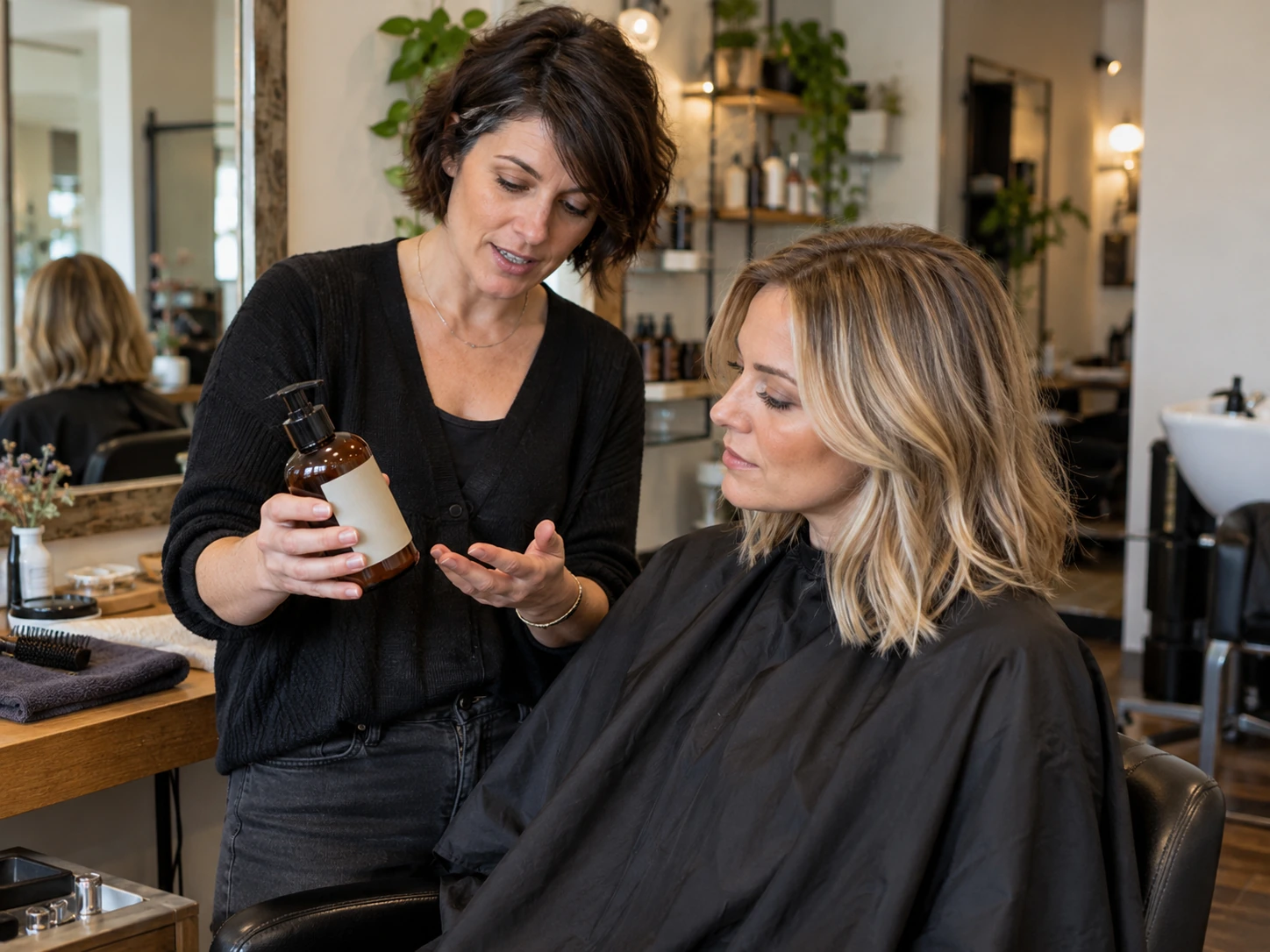 Une coiffeuse conseille un soin à une cliente après son balayage