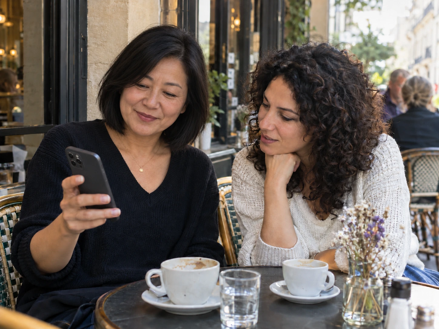 Deux amies regardent ensemble un aperçu coiffure sur un téléphone