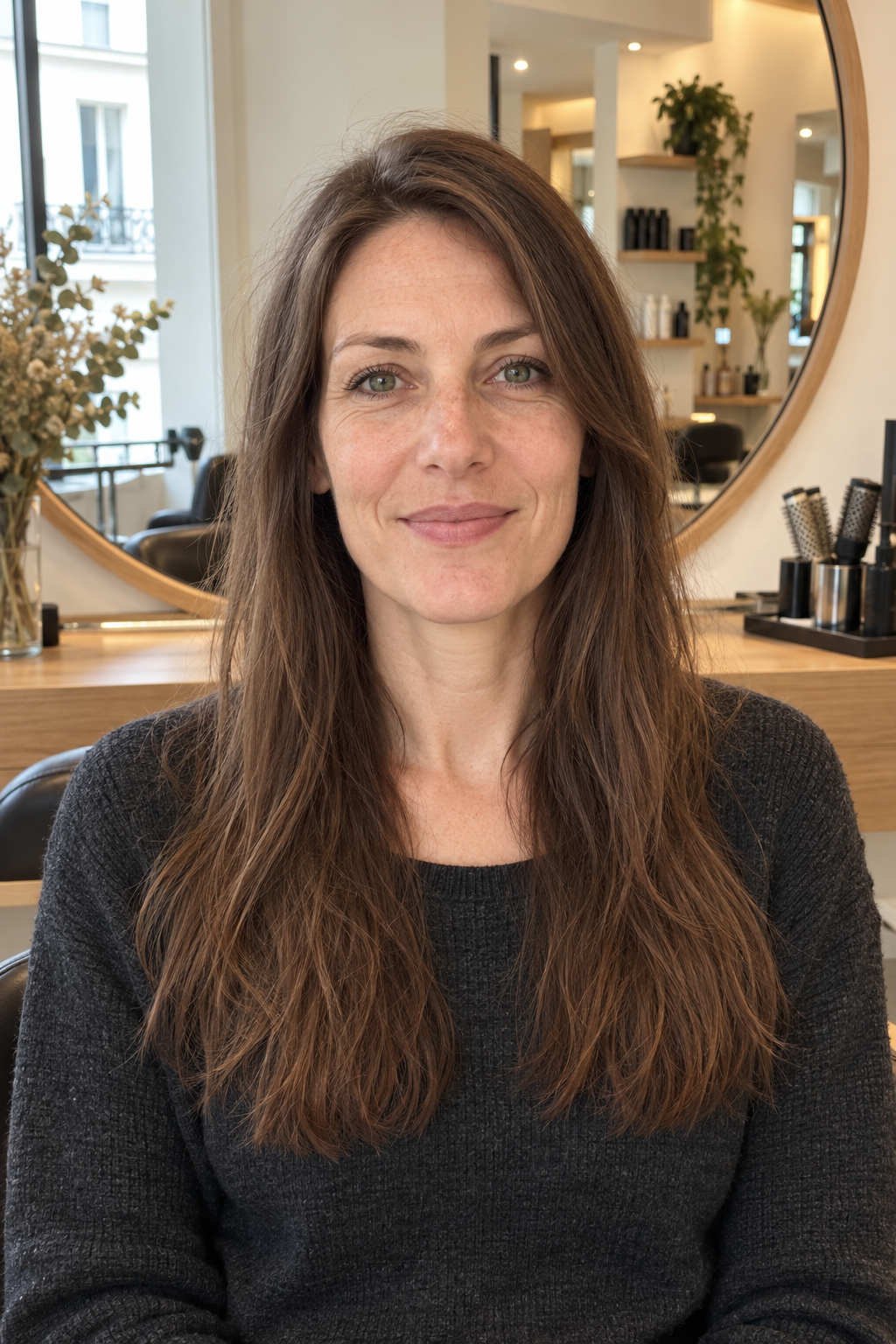 Avant : Cheveux longs châtains