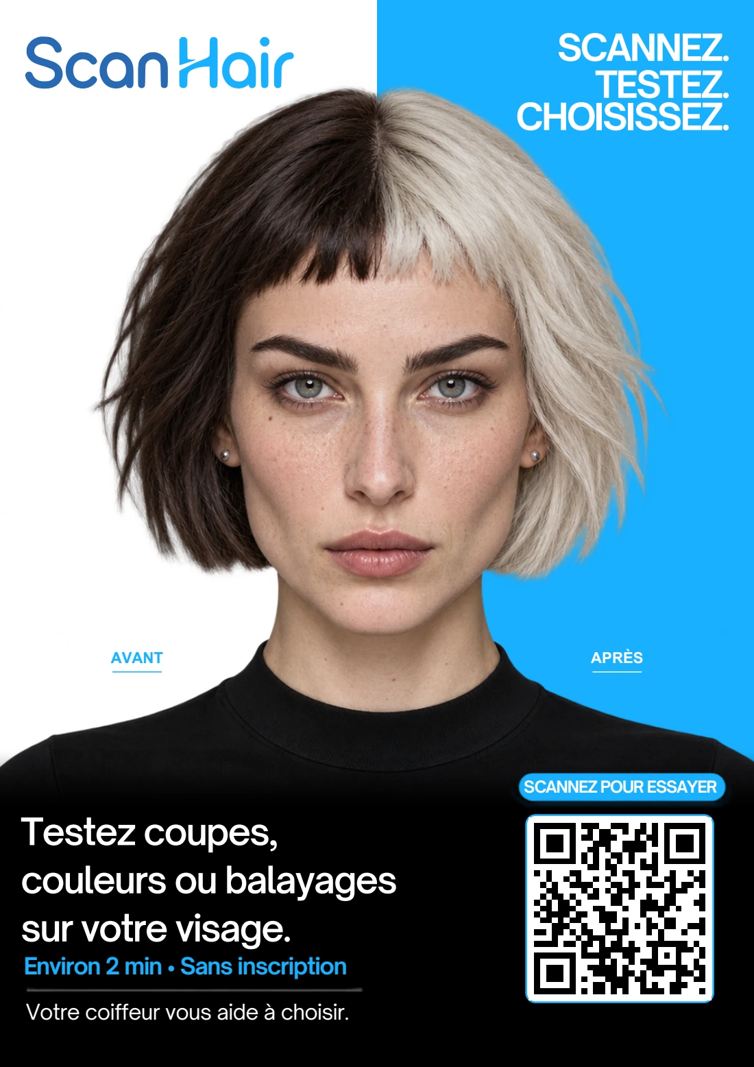 Exemple de visuel ScanHair, avec portrait et QR code
