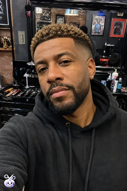 Skin fade avec boucles texturées et pointes blondes — après